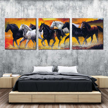 Load image into Gallery viewer, horses  water  canvas  print  black  white  horses  herd  3  piece  canvas  wall  art  horses  orange  sky  beach  multi  canvas For Bedroom

