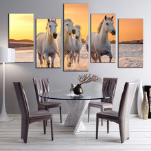 Load image into Gallery viewer, horses water canvas wall art white horses running forward 5 piece canvas print yellow sunset horses sea multi canvas For Dining Room
