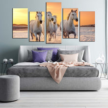 Load image into Gallery viewer, horses water canvas wall art white horses running forward 5 piece canvas print yellow sunset horses sea multi canvas In Bedroom
