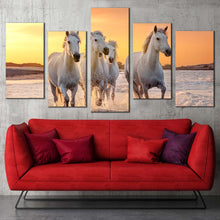 Load image into Gallery viewer, horses water canvas wall art white horses running forward 5 piece canvas print yellow sunset horses sea multi canvas For Living Room
