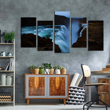 Load image into Gallery viewer, hvita river canvas wall art amazing green waterfall in iceland 5 piece canvas print blue gullfoss waterfall canvas set
