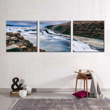 Load image into Gallery viewer, hvita  river  canvas  wall  art  amazing  white  waterfall  in  iceland  3  piece  canvas  print  blue  gullfoss  waterfall  triptych  canvas  set
