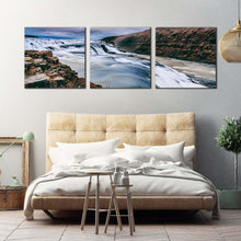 Load image into Gallery viewer, hvita  river  canvas  wall  art  amazing  white  waterfall  in  iceland  3  piece  canvas  print  blue  gullfoss  waterfall  triptych  canvas  set For Bedroom
