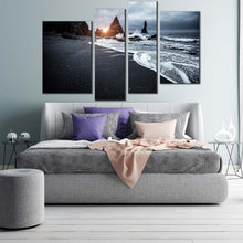 Load image into Gallery viewer, iceland ocean canvas print beach scenic 4 piece canvas wall art grey black reynisfjara beach canvas print for bedroom
