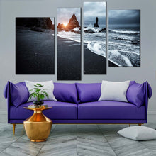 Load image into Gallery viewer, iceland ocean canvas print beach scenic 4 piece canvas wall art grey black reynisfjara beach canvas print for your living room 
