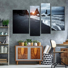 Load image into Gallery viewer, iceland ocean canvas print beach scenic 4 piece canvas wall art grey black reynisfjara beach canvas print
