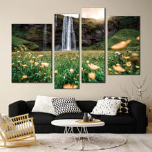 Load image into Gallery viewer, iceland waterfall canvas wall art yellow sunset waterfall scenery 4 piece multiple canvas seljalandsfoss falls green nature canvas print in living room
