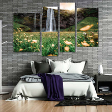 Load image into Gallery viewer, iceland waterfall canvas wall art yellow sunset waterfall scenery 4 piece multiple canvas seljalandsfoss falls green nature canvas print for bedroom
