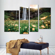 Load image into Gallery viewer, iceland waterfall canvas wall art yellow sunset waterfall scenery 4 piece multiple canvas seljalandsfoss falls green nature canvas print
