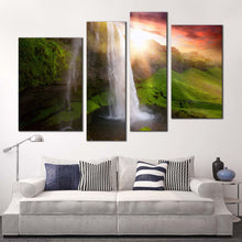 Load image into Gallery viewer, iceland waterfalls canvas wall art white seljalandsfoss waterfalls 4 piece canvas print green iceland scenery multiple canvas yellow sunset landscape canvas set in living room
