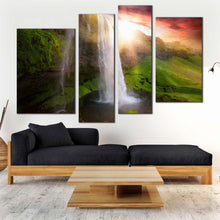 Load image into Gallery viewer, iceland waterfalls canvas wall art white seljalandsfoss waterfalls 4 piece canvas print green iceland scenery multiple canvas yellow sunset landscape canvas set for living room
