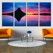 Load image into Gallery viewer, iceland Kirkjufellsfoss sunset and fireclouds volcano reflection 4 piece canvas print home decor For Living Room
