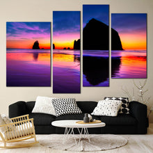 Load image into Gallery viewer, iceland haystack rock sunset reflection 4 piece canvas print home decor 
