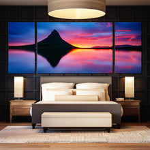 Load image into Gallery viewer, iceland volcano kirkjufell mountain lake reflection sunset 3 piece canvas print For Bedroom
