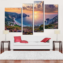 Load image into Gallery viewer, ionian islands canvas print greece yellow sunset cephalonia island 4 piece canvas wall art colorful ionian island multi canvas artwork for your living room
