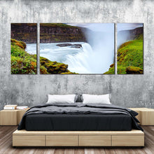 Load image into Gallery viewer, ionic  waterfalls  canvas  wall  art  green  waterfall  landscape  golden  falls  3  piece  canvas  print  white  river  in  iceland  europe  multiple  canvas In Bedroom
