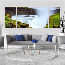 Load image into Gallery viewer, ionic  waterfalls  canvas  wall  art  green  waterfall  landscape  golden  falls  3  piece  canvas  print  white  river  in  iceland  europe  multiple  canvas In Living Room
