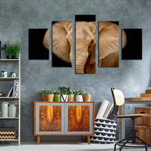 Load image into Gallery viewer, isolated elephant canvas print black background elephant close up 5 piece canvas wall art brown elephant multiple canvas
