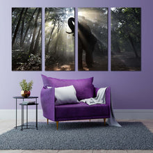 Load image into Gallery viewer, isolated elephant canvas wall art elephant green forest 4 piece canvas print elephant in yellow sunrise multi canvas For Living Room
