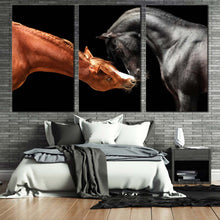 Load image into Gallery viewer, isolated horses canvas print horses heads 3 piece canvas wall art black brown horses portrait multi canvas artwork In Bedroom
