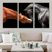 Load image into Gallery viewer, isolated horses canvas print horses heads 3 piece canvas wall art black brown horses portrait multi canvas artwork In Living Room
