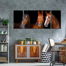 Load image into Gallery viewer, isolated  horses  canvas  wall  art  isolated  brown  horses  3  piece  multiple  canvas  horses  black  background  triptych  canvas  print
