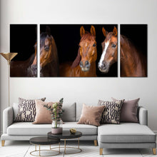 Load image into Gallery viewer, isolated  horses  canvas  wall  art  isolated  brown  horses  3  piece  multiple  canvas  horses  black  background  triptych  canvas  print In Living Room
