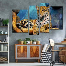 Load image into Gallery viewer, jaguar portrait canvas wall art yellow white jaguar animal multi canvas artwork jaguar resting 4 piece canvas print
