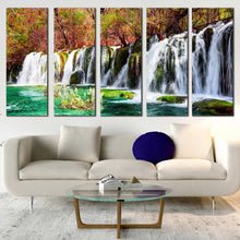 Load image into Gallery viewer, jiuzhaigou nature canvas wall art azure lake 5 piece waterfall multi canvas colorful autumn forest water scene canvas print fall woods waterfall canvas set In Living Room
