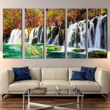 Load image into Gallery viewer, jiuzhaigou nature canvas wall art azure lake 5 piece waterfall multi canvas colorful autumn forest water scene canvas print fall woods waterfall canvas set For Your Living room
