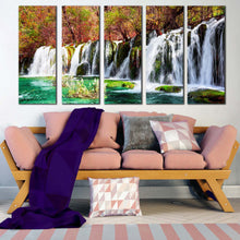 Load image into Gallery viewer, jiuzhaigou nature canvas wall art azure lake 5 piece waterfall multi canvas colorful autumn forest water scene canvas print fall woods waterfall canvas set For Living room
