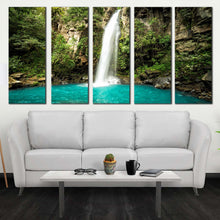 Load image into Gallery viewer, jungle waterfall canvas wall art costa rica green forest waterfall 5 piece canvas print guanacaste white rainforest waterfall multi canvas In Living Room
