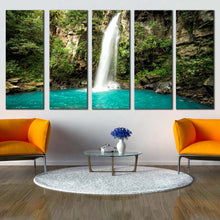 Load image into Gallery viewer, jungle waterfall canvas wall art costa rica green forest waterfall 5 piece canvas print guanacaste white rainforest waterfall multi canvas For Living Room
