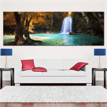 Load image into Gallery viewer, kanchanaburi  waterfall  canvas  wall  art  beautiful  blue  waterfall  scenery  wide  canvas  thailand  orange  trees  forest  1  piece  canvas  print In Living Room
