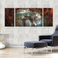 Load image into Gallery viewer, kanchanaburi  waterfall  canvas  wall  art  thailand  huay  mae  khamin  waterfall  canvas  set  beautiful  colorful  waterfall  scenery  3  piece  canvas  print In Living Room
