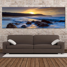 Load image into Gallery viewer, killcare  beach  canvas  print  yellow  sunset  ocean  rocks  canvas  artwork  australia  blue  ocean  1  piece  canvas  wall  art In Living Room
