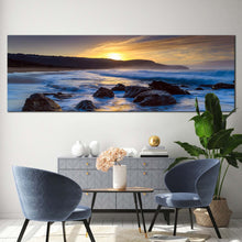 Load image into Gallery viewer, killcare  beach  canvas  print  yellow  sunset  ocean  rocks  canvas  artwork  australia  blue  ocean  1  piece  canvas  wall  art For Living Room
