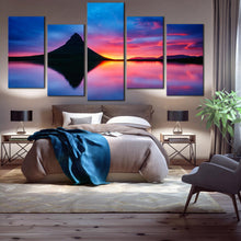 Load image into Gallery viewer, kirkjufell mountain lake reflection sunset 5 piece wall art photography For Bedroom
