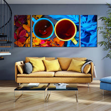 Load image into Gallery viewer, kitchen  cup  canvas  wall  art  cups  of  tea  3  piece  canvas  yellow  blue  tea  cups  close  up  triptych  canvas  print In Living Room
