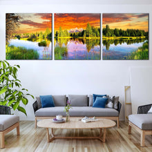 Load image into Gallery viewer, lake  trees  teton  wyoming  morning  view  3  split  panel  home  decor  wall  artwork In Living Room
