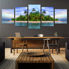 Load image into Gallery viewer, landscape of tropical island beach with palm trees and cloudy blue sky 5 piece canvas home decor For Dining Room
