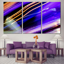 Load image into Gallery viewer, light trail canvas wall art blue orange abstract city lights 3 piece canvas print digital bright art multi canvas In Living room
