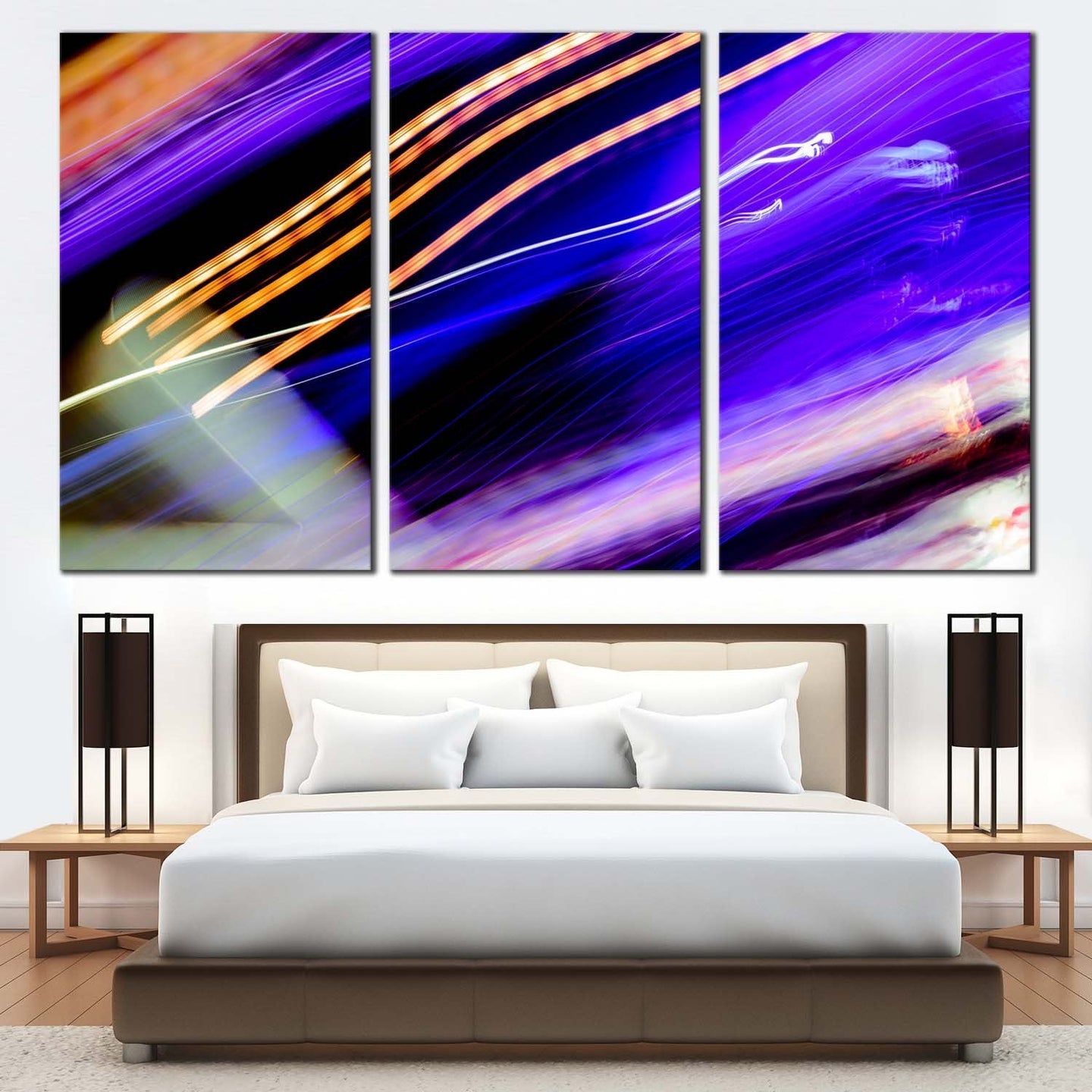 light trail canvas wall art blue orange abstract city lights 3 piece canvas print digital bright art multi canvas For Bedroom