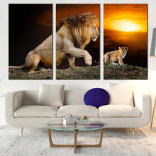 Load image into Gallery viewer, lion animal canvas wall art brown lion mountain 3 piece canvas print lion and cub yellow sunset multiple canvas In Living Room
