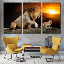 Load image into Gallery viewer, lion animal canvas wall art brown lion mountain 3 piece canvas print lion and cub yellow sunset multiple canvas For Living Room
