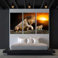 Load image into Gallery viewer, lion animal canvas wall art brown lion mountain 3 piece canvas print lion and cub yellow sunset multiple canvas For Bedroom
