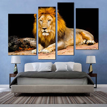 Load image into Gallery viewer, lion animal canvas wall art lion animal 4 piece canvas print yellow orange lion looking multi canvas artwork in bedroom
