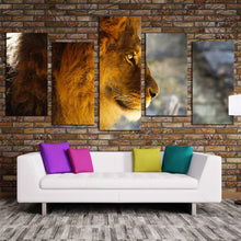 Load image into Gallery viewer, lion animal canvas wall art lion nature background 5 piece canvas print yellow orange lion profile multi canvas artwork In Living Room
