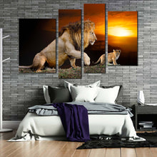 Load image into Gallery viewer, lion landscape canvas wall art king of the jungle 4 piece canvas lion and cub yellow sunset canvas artwork brown lion mountain canvas print for bedroom
