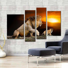 Load image into Gallery viewer, lion landscape canvas wall art king of the jungle 4 piece canvas lion and cub yellow sunset canvas artwork brown lion mountain canvas print for your living room 
